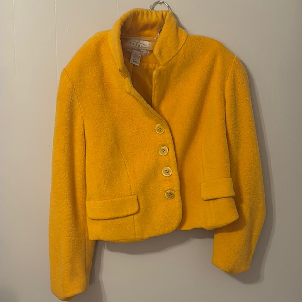 Express Yellow Teddy Jacket Stand-Up Collar Cropped